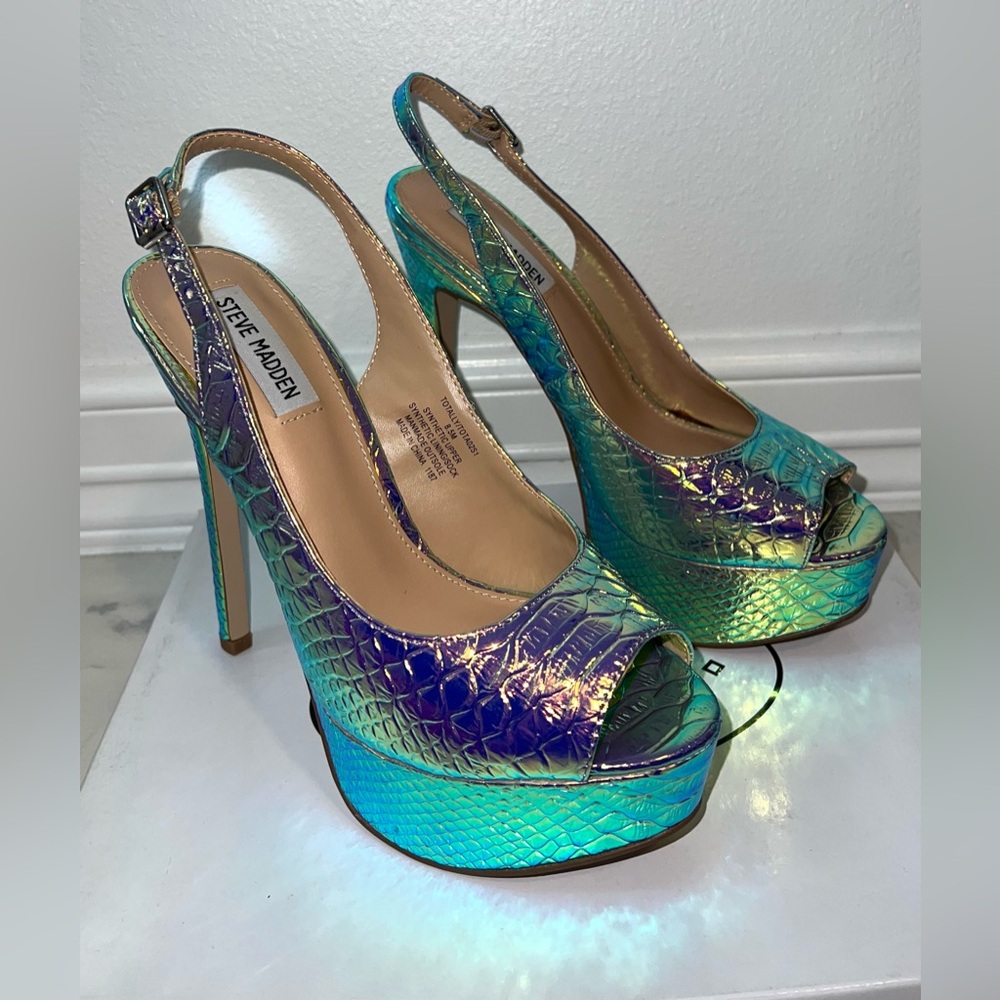 Steve Madden Iridescent Teal Purple Platform Slingback Heels